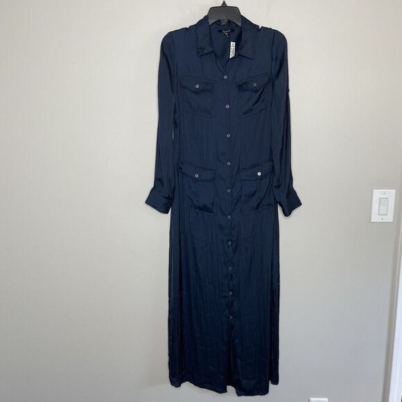 MADEWELL Midi Dress Women Medium Deep Indigo NEW Satin Utility NR775 *No Belt* - Picture 3 of 14